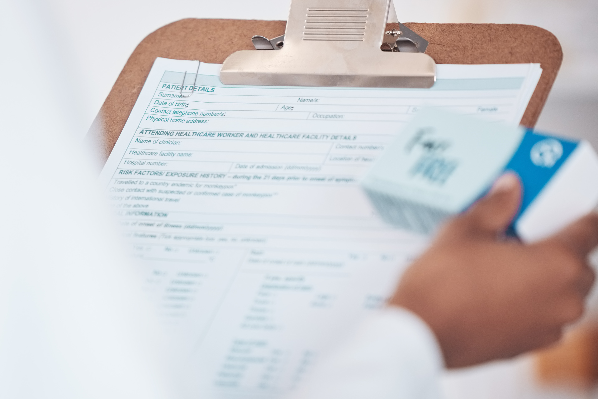 checklist pharmacist and hands with medicine pills