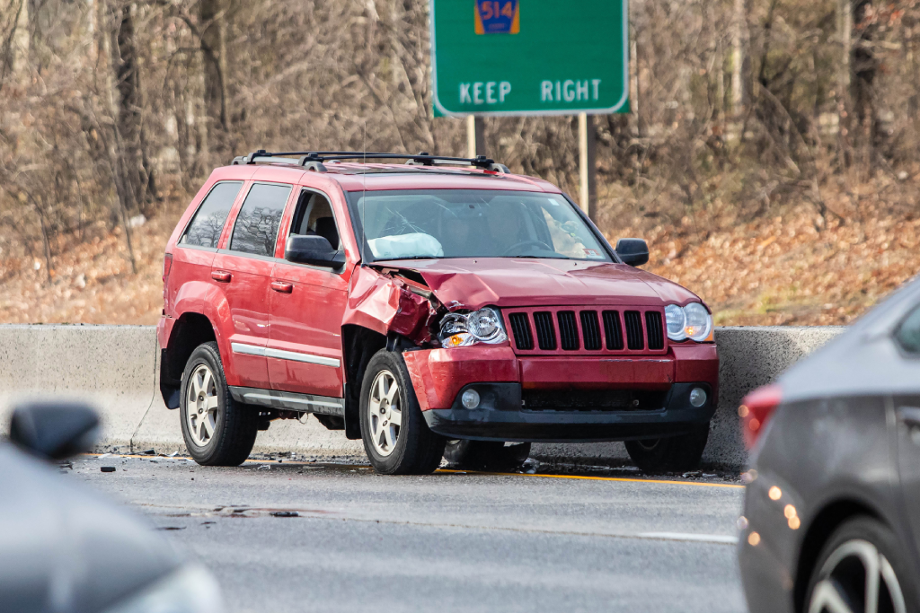 Car crash accident on highway at day nobody traffic