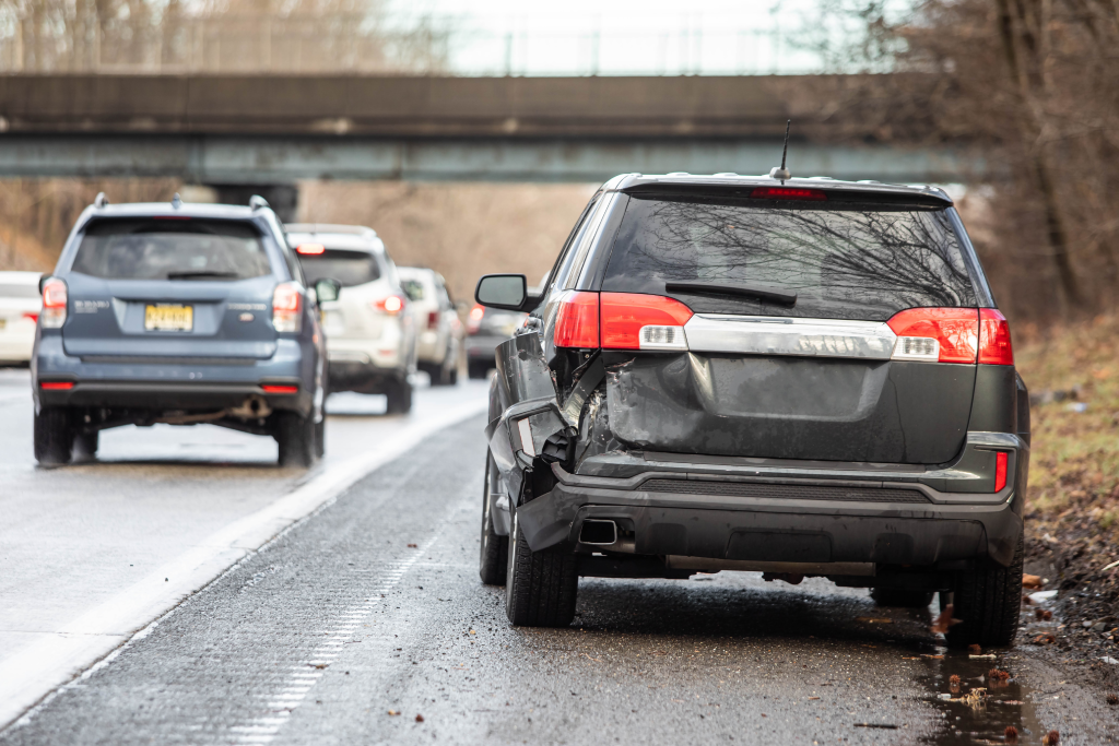 Car crash accident on highway at day nobody traffic