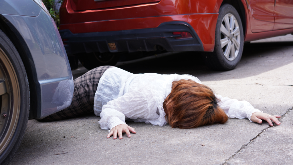 Woman died by car cracshed her. Femaile pedestrian lies down as passed away on road by silver car as road accident.