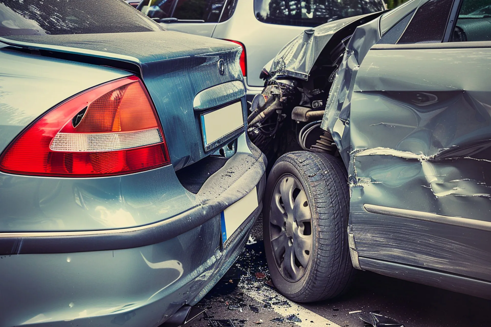 A close-up view of a car accident showing significant impact damage between two vehicles, with shattered glass and debris on the pavement.