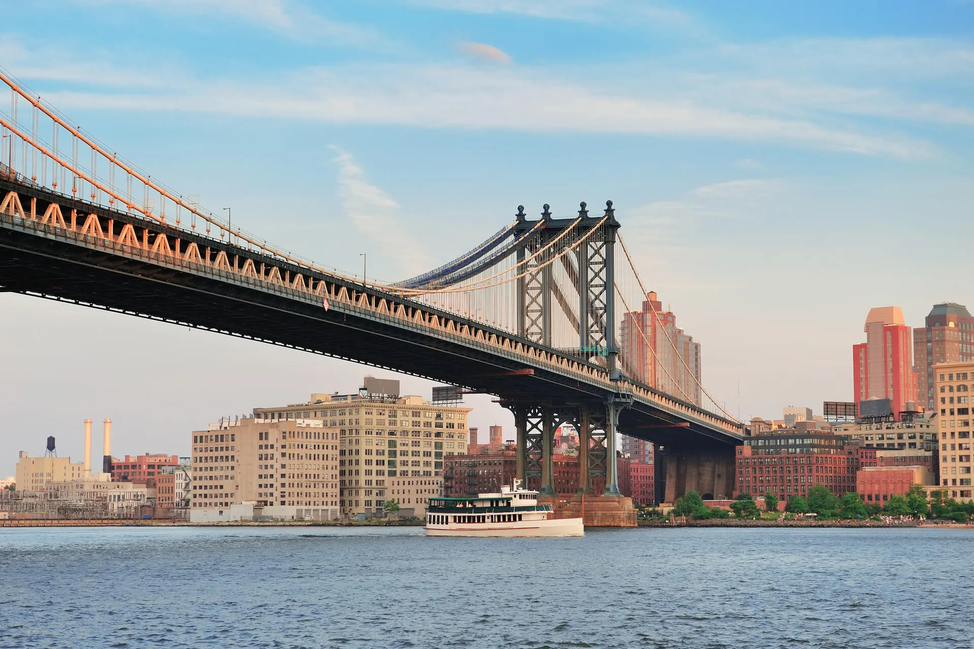 Manhattan Bridge over East River viewed from New York City Lower Manhattan waterfront at sunset.