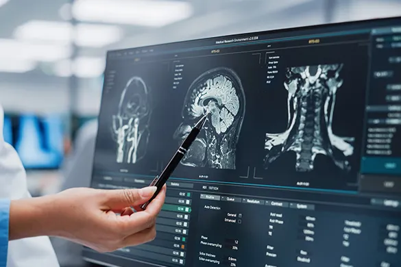 Doctor analyzing brain scan on monitor