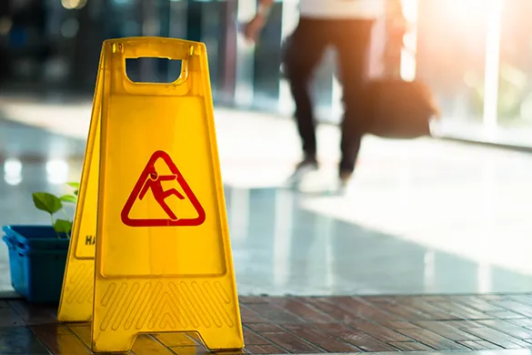 Wet floor warning sign in building