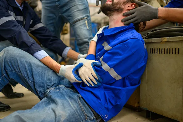 Worker receiving first aid in factory