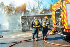 Two firefighters in full protective gear stand near a fire engine, facing a smoke-filled scene of a vehicle fire.